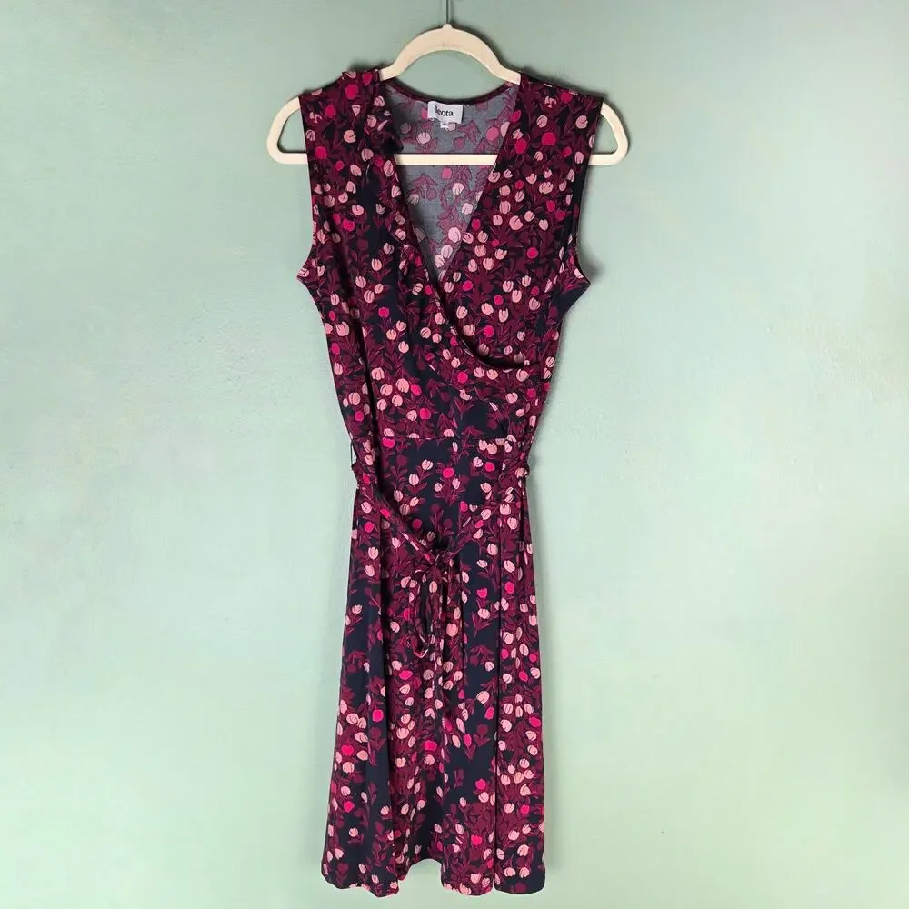Leota Womens L Aneeka Floral Print Faux Wrap Jersey Sleeveless Dress Dark Purple